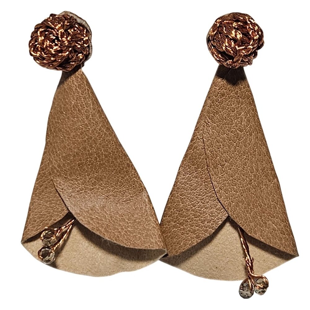 Handcrafted Boho Brown Leather Copper Wire Earrings Crystal Accents Jewelry